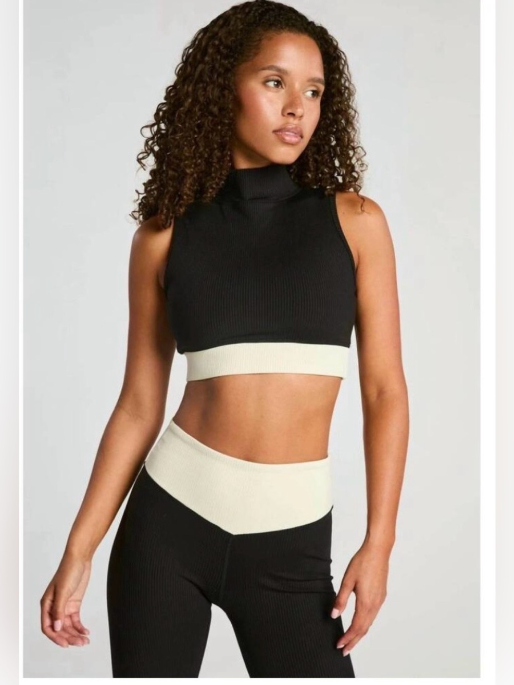 Year of Ours ribbed contrast Bodhi workout set. Black and cream. Size S.